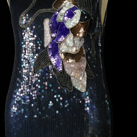 Vintage Gatsby Fringed Roaring 20s Sequin Dress | BLACK | Lillie Rubin | L | EVC - Picture 3 of 13